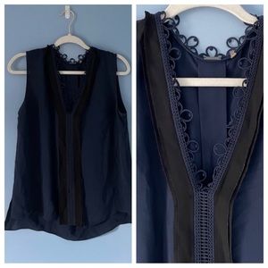 Elie Tahari navy black lace trim sleeveless Top 18273